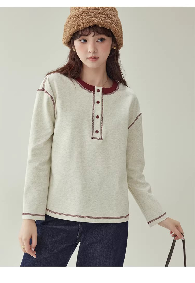 撞色反線落肩袖T恤女冬季新款半開扣圓領上衣,撞色反線落肩袖T恤女冬季新款半開扣圓領上衣,HBEW1192,撞色反線落肩袖T恤女冬季新款半開扣圓領上衣,半開排扣,舒適面料