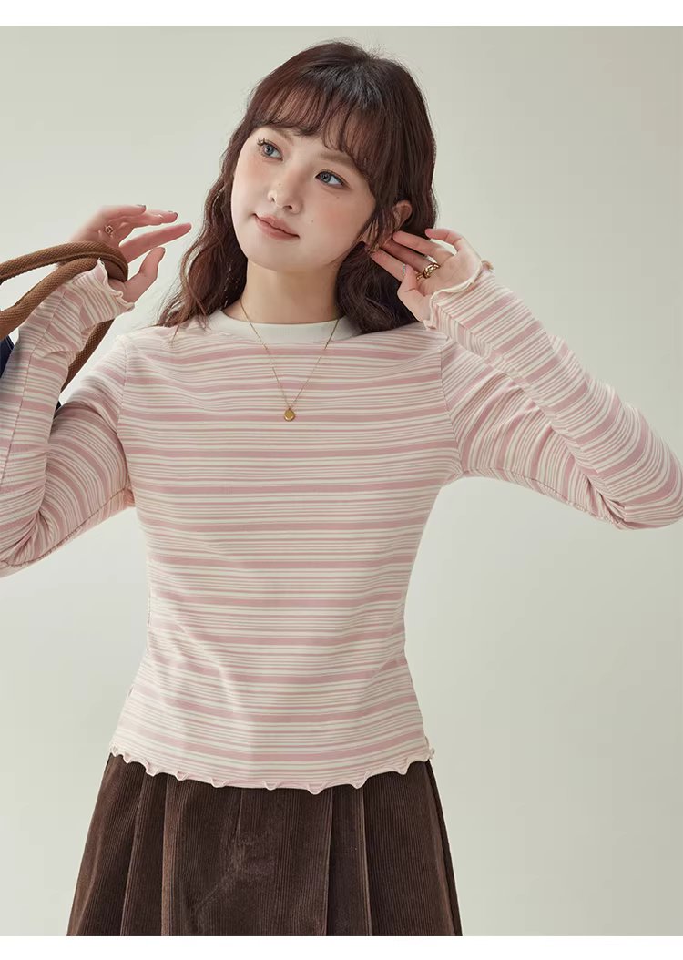 粉紅條紋花邊喇叭袖T恤女冬季新款修身內搭上衣,粉紅條紋花邊喇叭袖T恤女冬季新款修身內搭上衣,HBEW1195,粉紅條紋花邊喇叭袖T恤女冬季新款修身內搭上衣,橫紋設計,修身版型