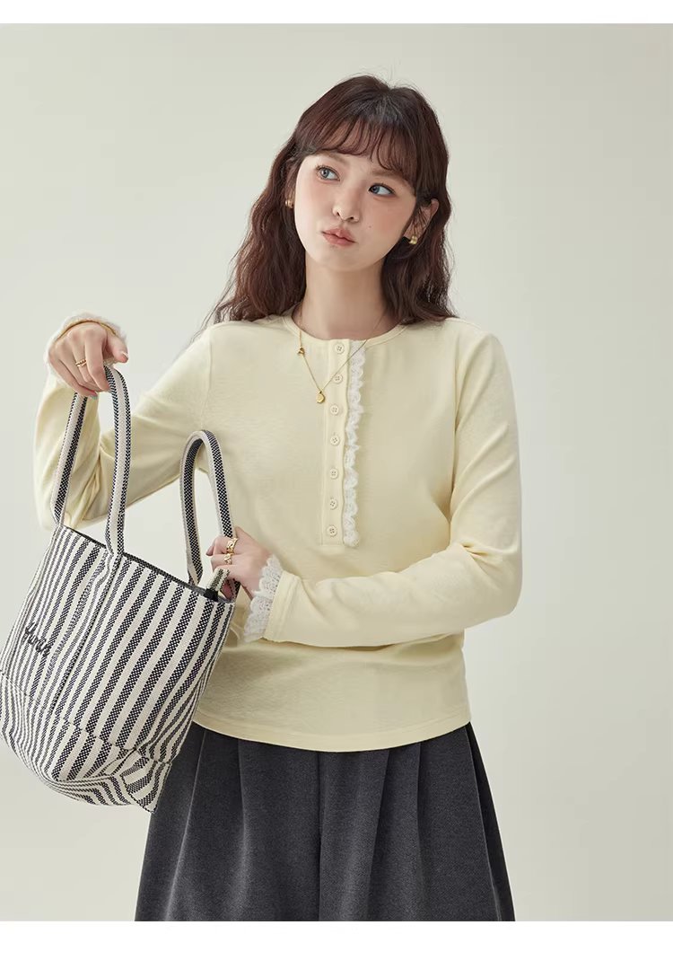 蕾絲拼接半開扣T恤女冬季新款純色打底長袖上衣,蕾絲拼接半開扣T恤女冬季新款純色打底長袖上衣,HBEW1199,蕾絲拼接半開扣T恤女冬季新款純色打底長袖上衣,蕾絲拼接,修身版型