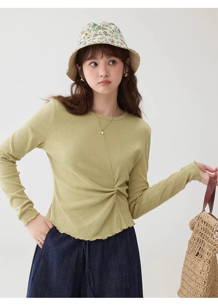 肌理感純色扭結修身T恤女春季新款蕾絲長袖上衣,肌理感純色扭結修身T恤女春季新款蕾絲長袖上衣,HBFS1002,肌理感純色扭結修身T恤女春季新款蕾絲長袖上衣,扭結設計,舒適面料