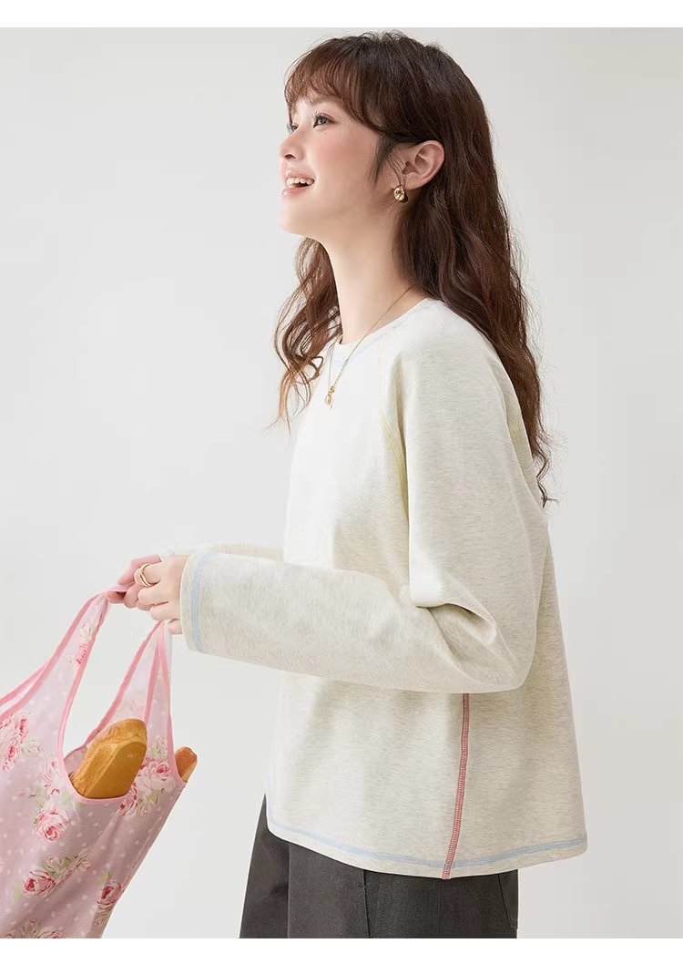 撞色反線長絨棉T恤女春季新款寬鬆插肩袖上衣,撞色反線長絨棉T恤女春季新款寬鬆插肩袖上衣,HBFS1009,撞色反線長絨棉T恤女春季新款寬鬆插肩袖上衣,撞色車線,花灰面料