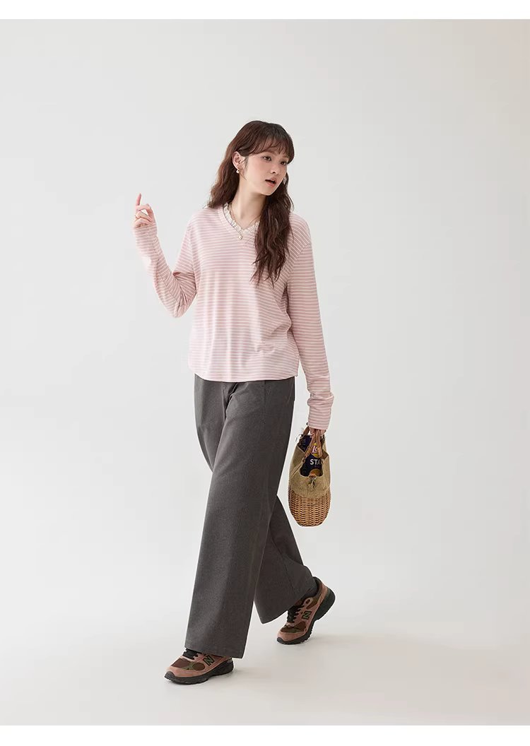 甜美粉紅條紋花邊v領T恤女春季新款寬鬆長袖上衣,甜美粉紅條紋花邊v領T恤女春季新款寬鬆長袖上衣,HBFS1028,甜美粉紅條紋花邊v領T恤女春季新款寬鬆長袖上衣,V領造型,蕾絲花邊