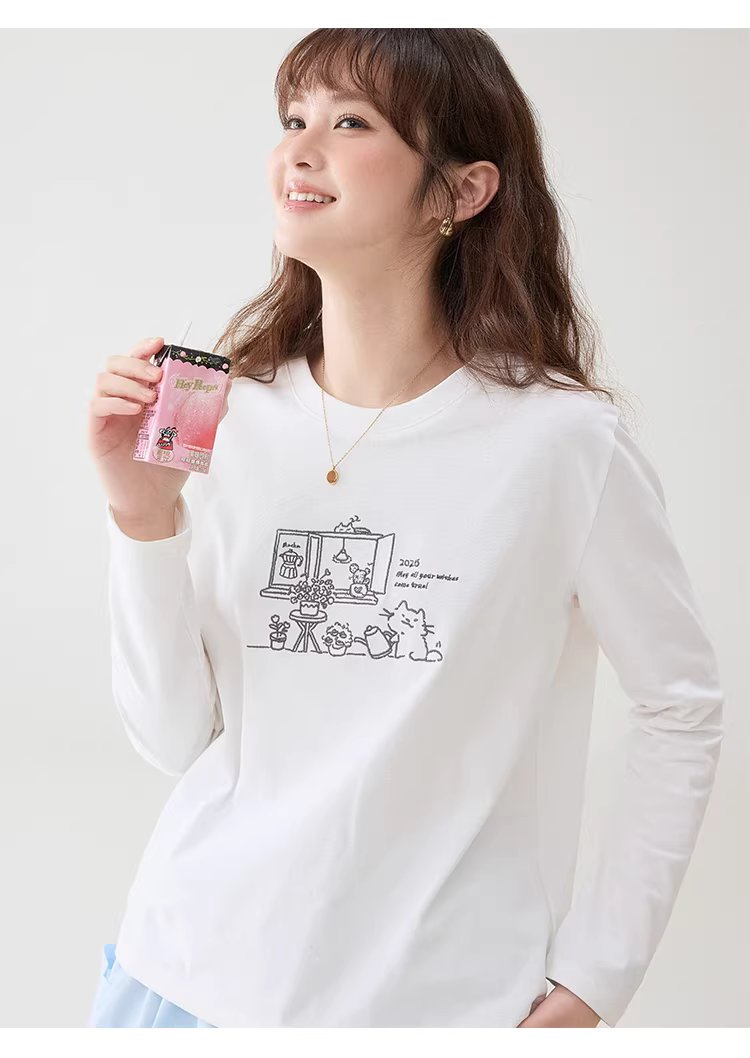 漫畫感線條圖案繡花T恤女春季新款純棉圓領上衣,漫畫感線條圖案繡花T恤女春季新款純棉圓領上衣,HBFS1030,漫畫感線條圖案繡花T恤女春季新款純棉圓領上衣,童趣印花,全棉面料