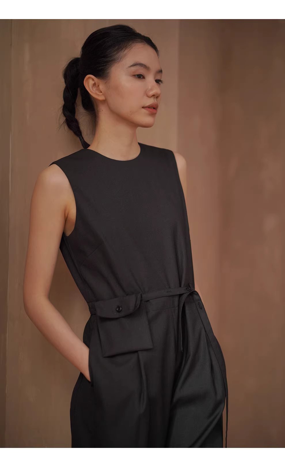 高級高智時髦無袖連身褲寬鬆顯瘦簡約立體口袋腰包長褲,高級高智時髦無袖連身褲寬鬆顯瘦簡約立體口袋腰包長褲,HBFS3012,高級高智時髦無袖連身褲寬鬆顯瘦簡約立體口袋腰包長褲,細膩啞光,調節腰帶