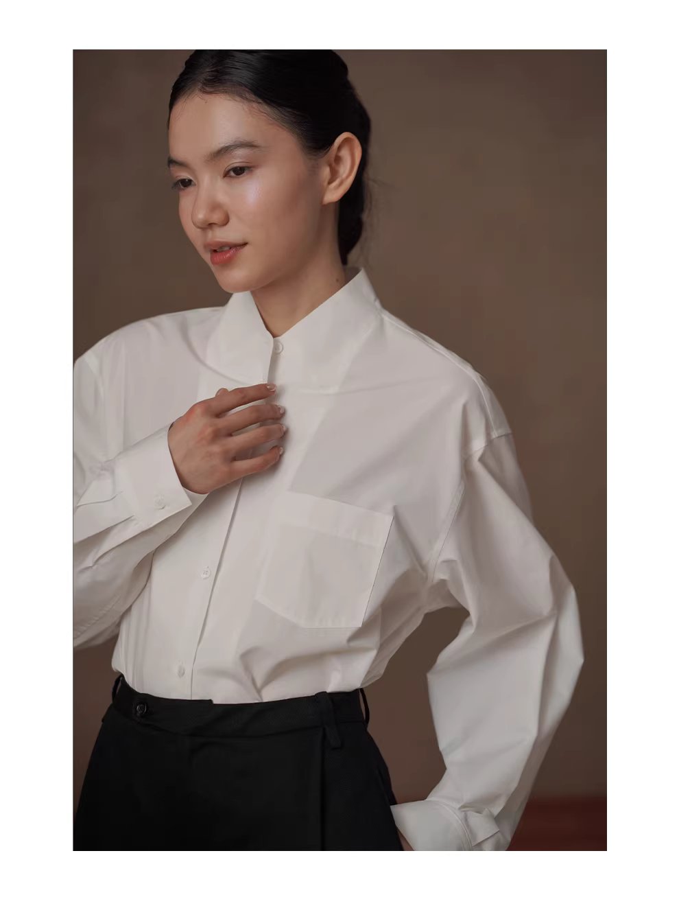 式復古回潮立領寬鬆H型顯瘦挺括好版型長袖疊穿襯衫女,式復古回潮立領寬鬆H型顯瘦挺括好版型長袖疊穿襯衫女,HBFS1037,式復古回潮立領寬鬆H型顯瘦挺括好版型長袖疊穿襯衫女,親膚透氣,版型修飾