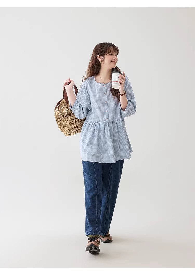 減齡八分袖純棉藍格襯衫女春新款寬鬆娃娃衫上衣,減齡八分袖純棉藍格襯衫女春新款寬鬆娃娃衫上衣,HBFS1039,減齡八分袖純棉藍格襯衫女春新款寬鬆娃娃衫上衣,清新格紋,全棉面料