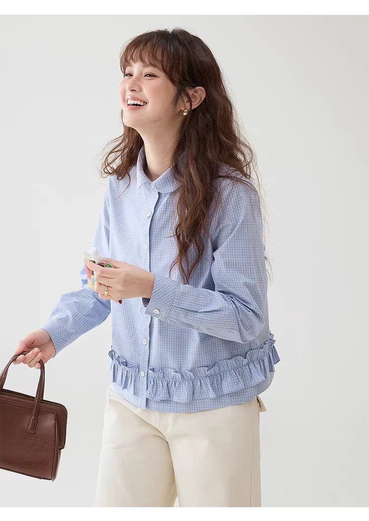 藍格荷葉邊娃娃領襯衫女春季新款純棉長袖短上衣,藍格荷葉邊娃娃領襯衫女春季新款純棉長袖短上衣,HBFS1049,藍格荷葉邊娃娃領襯衫女春季新款純棉長袖短上衣,荷葉衣襬,全棉面料