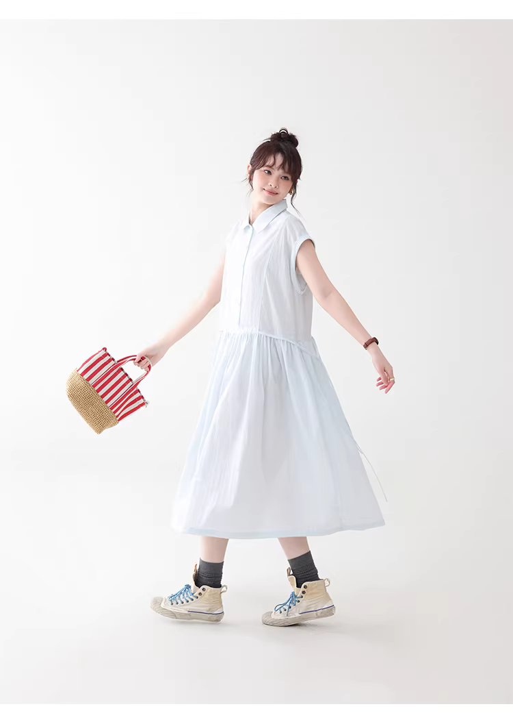 純色繫帶收腰大擺洋裝女26夏季新款polo領長裙,純色繫帶收腰大擺洋裝女26夏季新款polo領長裙,HBFS7017,純色繫帶收腰大擺洋裝女26夏季新款polo領長裙,襯衫洋裝,天絲混棉