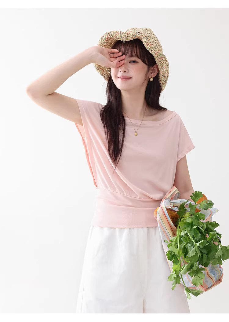 一字領收腰顯瘦寬鬆T恤女夏季新款粉紅短袖上衣,一字領收腰顯瘦寬鬆T恤女夏季新款粉紅短袖上衣,HBFS1052,一字領收腰顯瘦寬鬆T恤女夏季新款粉紅短袖上衣,青春休閒,天絲混棉