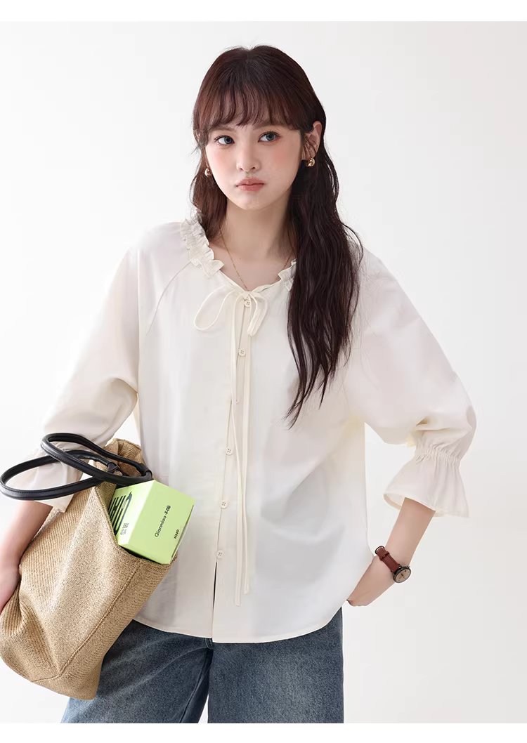 法式木耳邊綁帶V領襯衫女夏新款七分袖羈扣上衣,法式木耳邊綁帶V領襯衫女夏新款七分袖羈扣上衣,HBFS1055,法式木耳邊綁帶V領襯衫女夏新款七分袖羈扣上衣,法式甜美,木耳邊