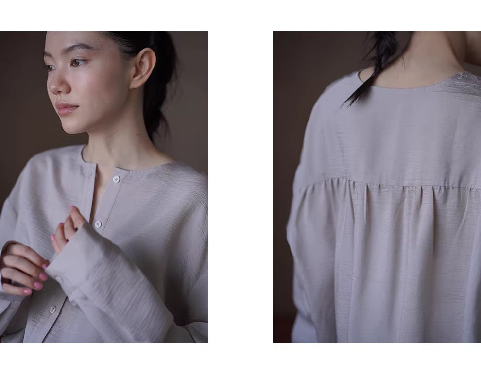 白櫻裊裊微亮光澤肌理感寬鬆顯瘦圓領通勤簡約長袖襯衫,白櫻裊裊微亮光澤肌理感寬鬆顯瘦圓領通勤簡約長袖襯衫,HBFS1058,白櫻裊裊微亮光澤肌理感寬鬆顯瘦圓領通勤簡約長袖襯衫,圓領排扣,親膚柔軟