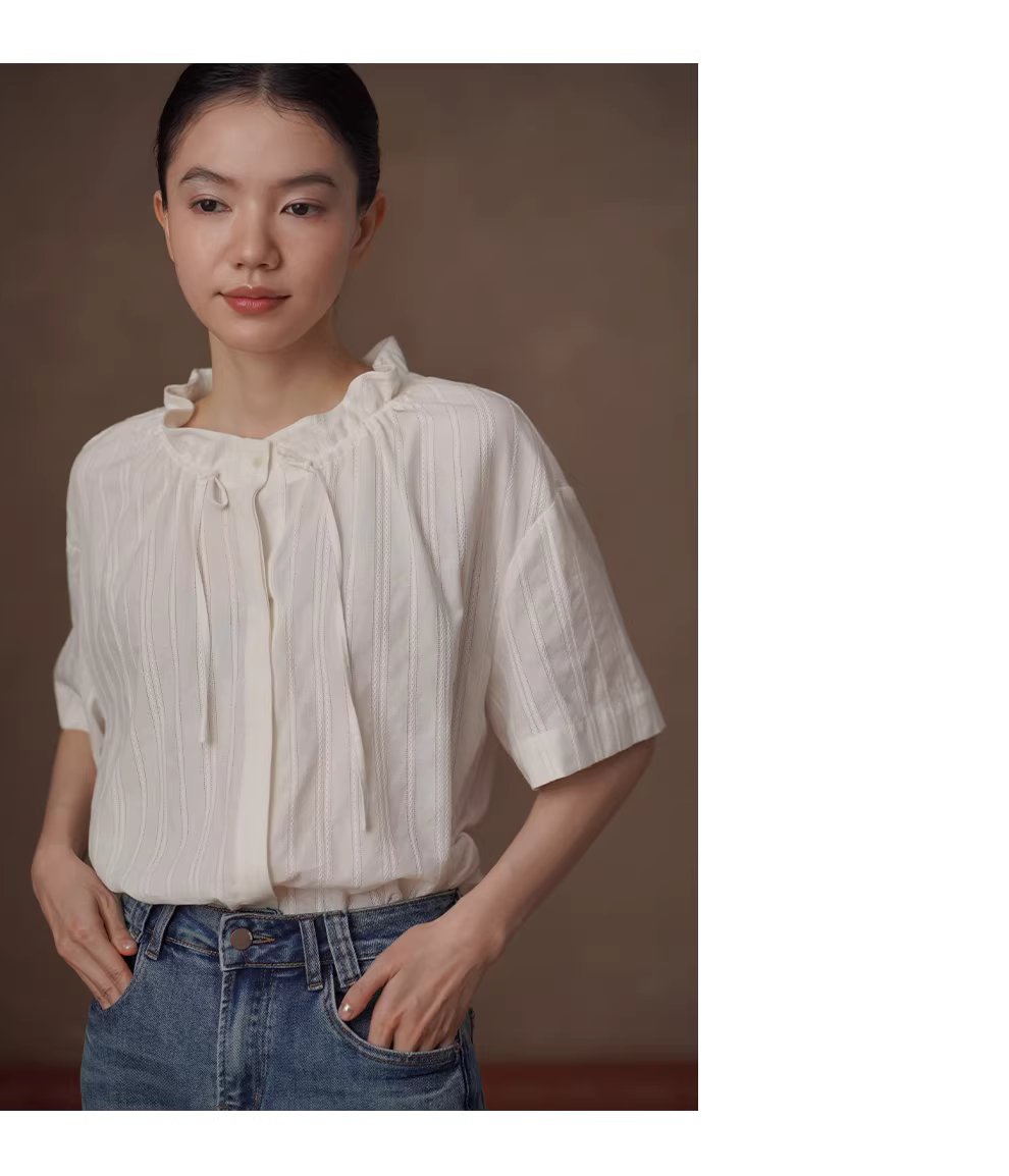 法式花邊立領亞麻棉混紡立體繡花豎條紋寬鬆短袖襯衫女,法式花邊立領亞麻棉混紡立體繡花豎條紋寬鬆短袖襯衫女,HBFS1066,法式花邊立領亞麻棉混紡立體繡花豎條紋寬鬆短袖襯衫女,立體花紋,法式剪裁