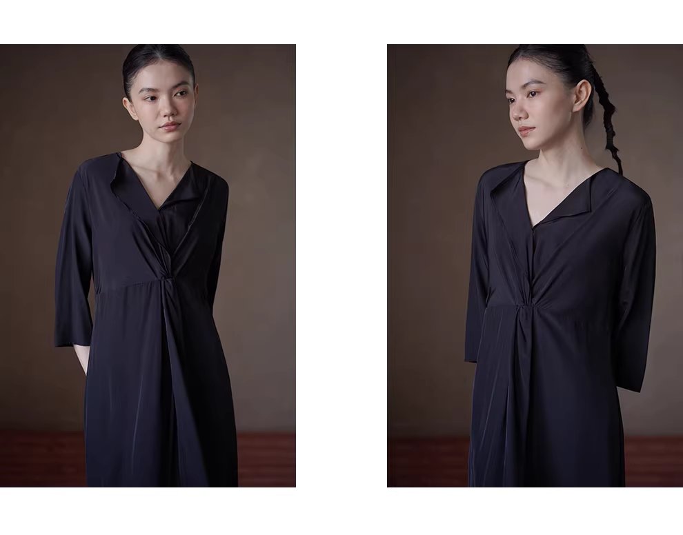 垂軟靈動藝術氛圍顯瘦遮肉扭結收腰V領長通勤洋裝女,垂軟靈動藝術氛圍顯瘦遮肉扭結收腰V領長通勤洋裝女,HBFS7040,垂軟靈動藝術氛圍顯瘦遮肉扭結收腰V領長通勤洋裝女,啞光高級,腰部褶皺