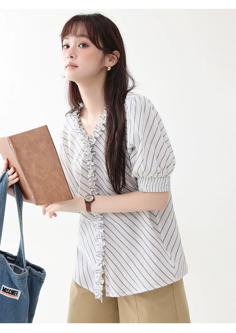 藍條紋v領木耳邊襯衫女夏季新款純棉五分袖上衣,藍條紋v領木耳邊襯衫女夏季新款純棉五分袖上衣,HBFS1098,藍條紋v領木耳邊襯衫女夏季新款純棉五分袖上衣,荷葉邊領,全棉面料