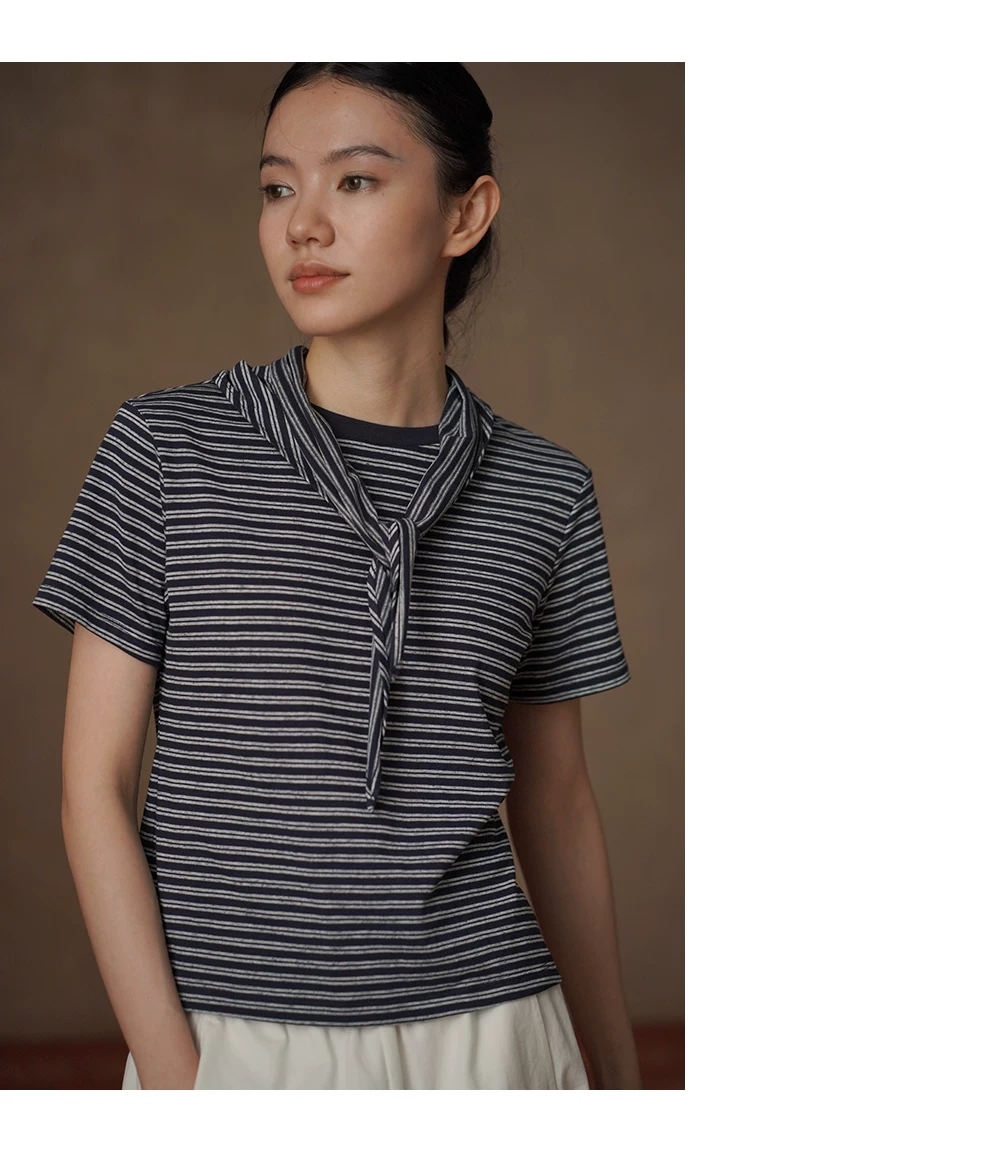 經典海魂條紋領巾短袖高支長絨棉軟糯圓領寬鬆T恤上衣女,經典海魂條紋領巾短袖高支長絨棉軟糯圓領寬鬆T恤上衣女,HBFS1127,經典海魂條紋領巾短袖高支長絨棉軟糯圓領寬鬆T恤上衣女,穿搭自如,假兩件層次