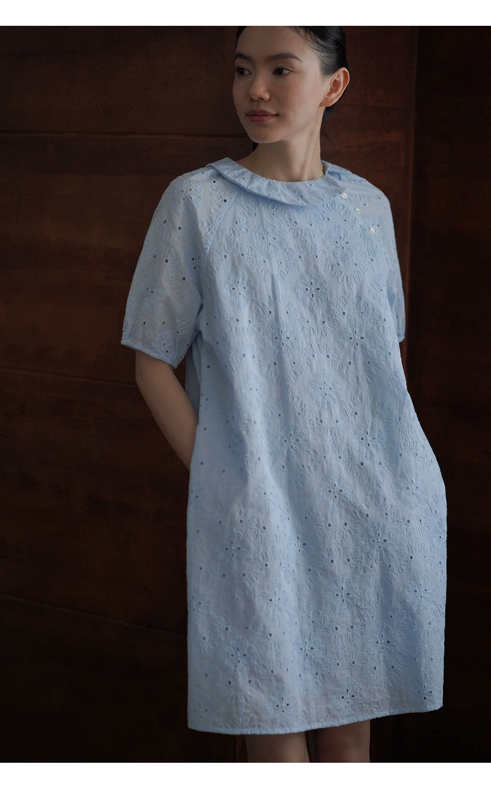 重工鏤空立體浮雕刺繡高支100棉翻領寬鬆直筒顯瘦洋裝,重工鏤空立體浮雕刺繡高支100棉翻領寬鬆直筒顯瘦洋裝,HBFS7084,重工鏤空立體浮雕刺繡高支100棉翻領寬鬆直筒顯瘦洋裝,簍空刺繡,泡泡袖