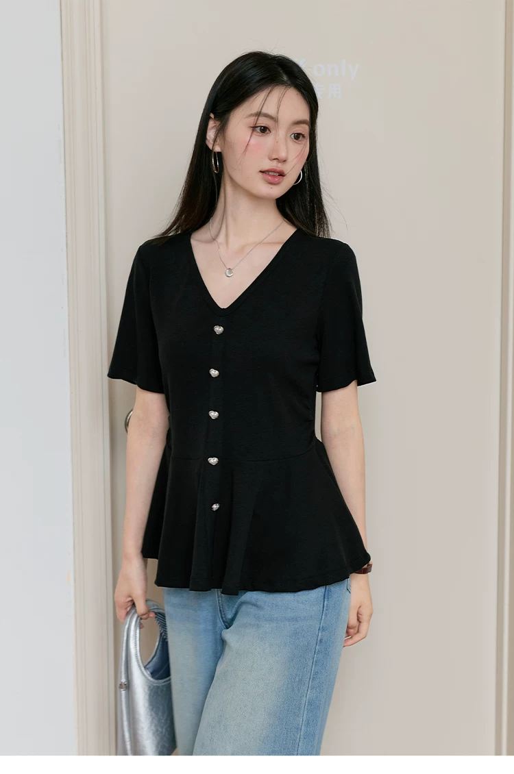 大尺碼黑色V領短袖T恤女夏裝炸街別緻絕美小衫荷葉邊高腰上衣,大尺碼黑色V領短袖T恤女夏裝炸街別緻絕美小衫荷葉邊高腰上衣,HBFS1179,大尺碼黑色V領短袖T恤女夏裝炸街別緻絕美小衫荷葉邊高腰上衣,V領排扣,收腰顯瘦