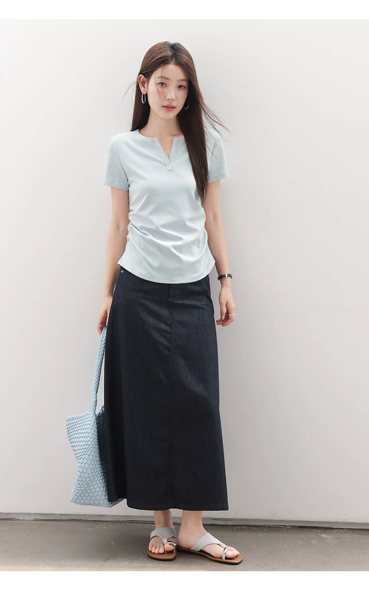 大尺碼胖mm巨好看正肩短袖T恤女2026新款夏裝抽褶淺藍色上衣,大尺碼胖mm巨好看正肩短袖T恤女2026新款夏裝抽褶淺藍色上衣,HBFS1182,大尺碼胖mm巨好看正肩短袖T恤女2026新款夏裝抽褶淺藍色上衣,半開V領,腰間抓褶
