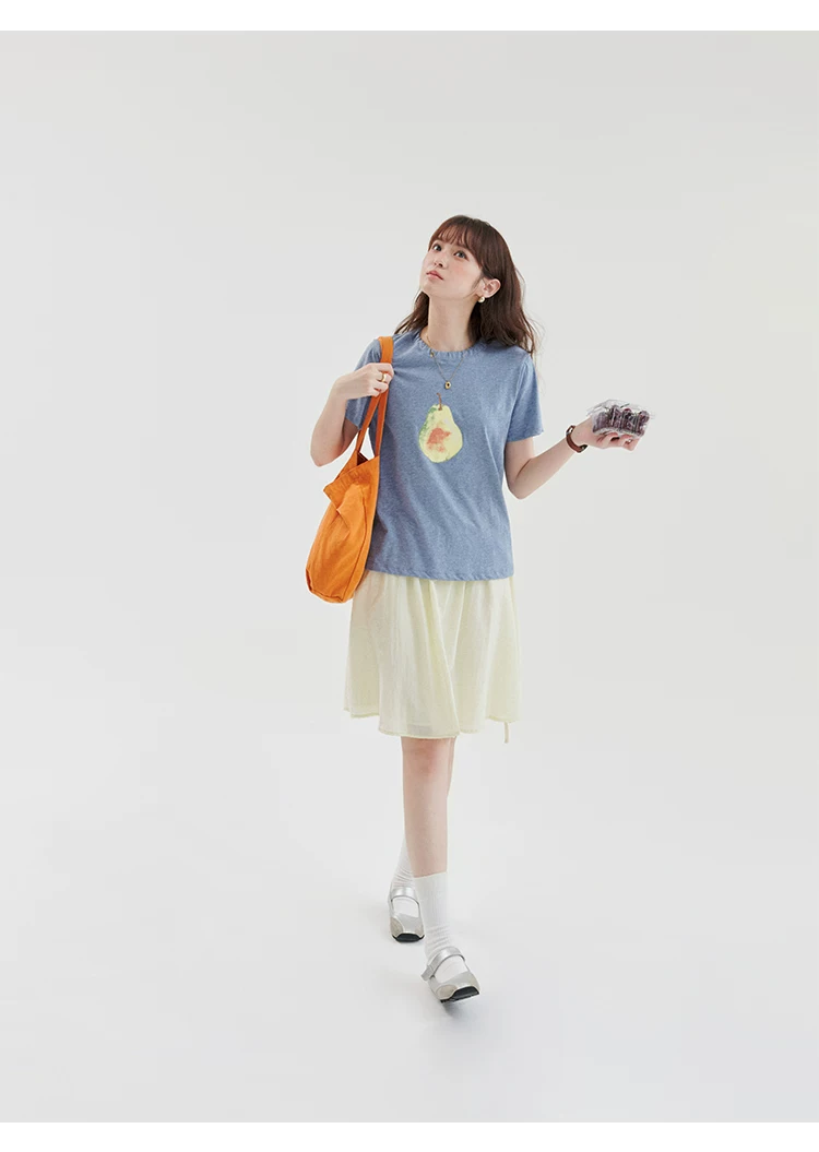 水果印花褶皺圓領T恤女夏新款藍色純棉短袖上衣,水果印花褶皺圓領T恤女夏新款藍色純棉短袖上衣,HBFS1270,水果印花褶皺圓領T恤女夏新款藍色純棉短袖上衣,文青印花,全棉面料