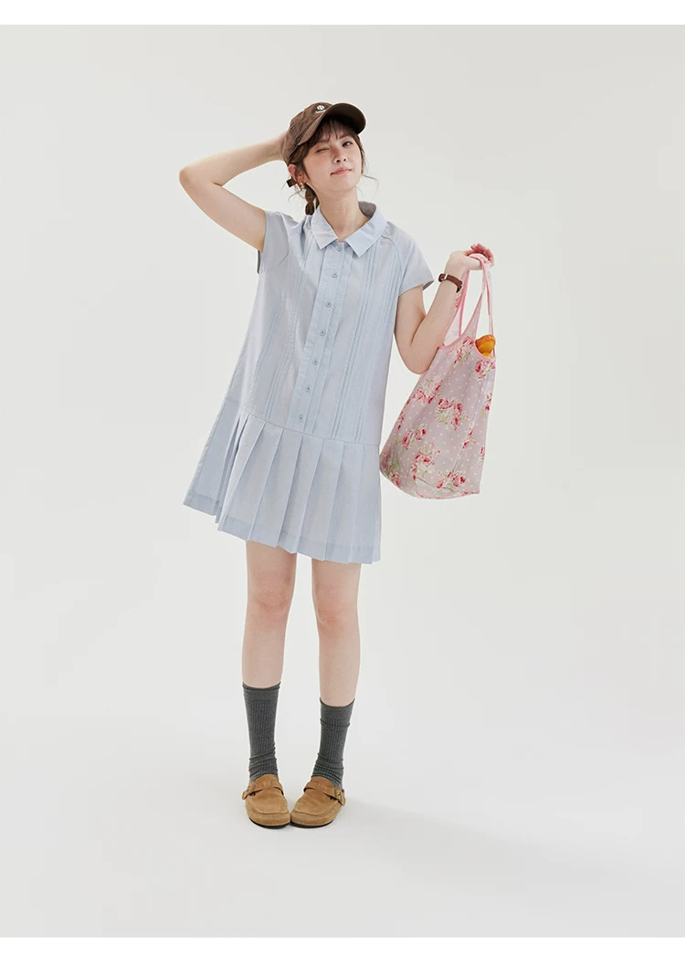 藍色萊賽爾百褶洋裝女夏季新款少女感短袖短裙,藍色萊賽爾百褶洋裝女夏季新款少女感短袖短裙,HBFS7144,藍色萊賽爾百褶洋裝女夏季新款少女感短袖短裙,綁帶衣領,天絲混棉
