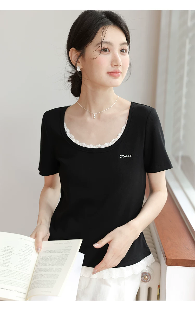 大尺碼女裝黑色短袖T恤女夏2026新款顯瘦拼接蕾絲花邊u領上衣,大尺碼女裝黑色短袖T恤女夏2026新款顯瘦拼接蕾絲花邊u領上衣,HBFS1296,大尺碼女裝黑色短袖T恤女夏2026新款顯瘦拼接蕾絲花邊u領上衣,中大尺碼,蕾絲拼接