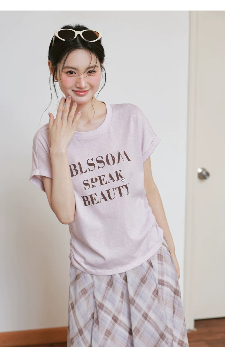 大尺碼夏裝字母印花短袖T恤女2026新款胖mm巨好看粉紫色上衣,大尺碼夏裝字母印花短袖T恤女2026新款胖mm巨好看粉紫色上衣,HBFS1317,大尺碼夏裝字母印花短袖T恤女2026新款胖mm巨好看粉紫色上衣,中大尺碼,腰間抽繩