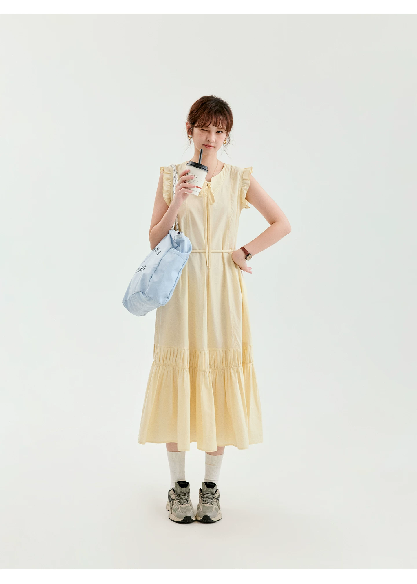 少女感小飛袖萊賽爾洋裝女夏季新款大擺背心裙,少女感小飛袖萊賽爾洋裝女夏季新款大擺背心裙,HBFS7170,少女感小飛袖萊賽爾洋裝女夏季新款大擺背心裙,綁帶衣領,天絲混棉