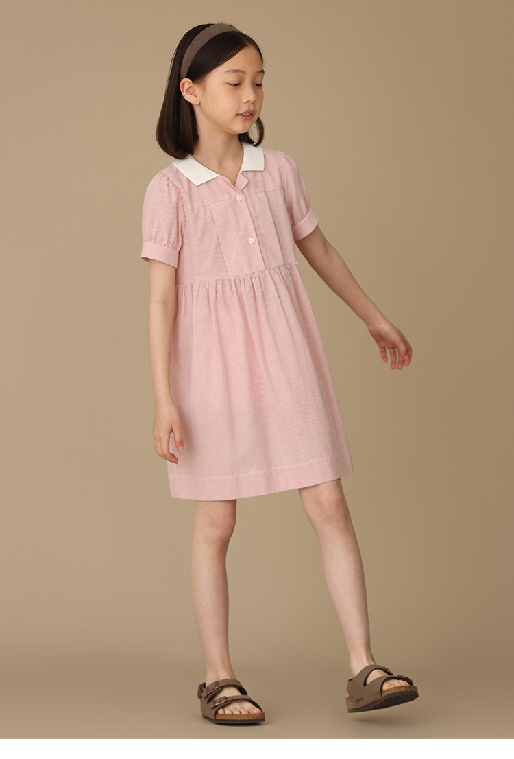 撞色小翻領親子甜美粉色短袖條紋襯衫連身裙洋裝