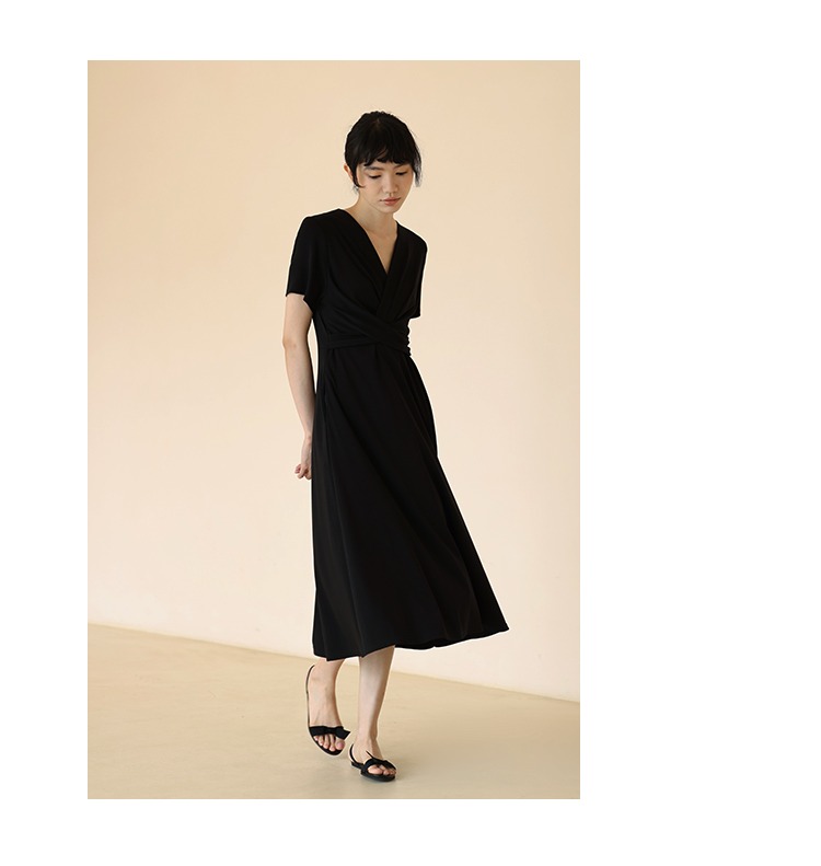 巴黎神女纏繞式彈力收腰好比例顯瘦V領連身裙洋裝,性感,時尚,清新,浪漫,洋裝