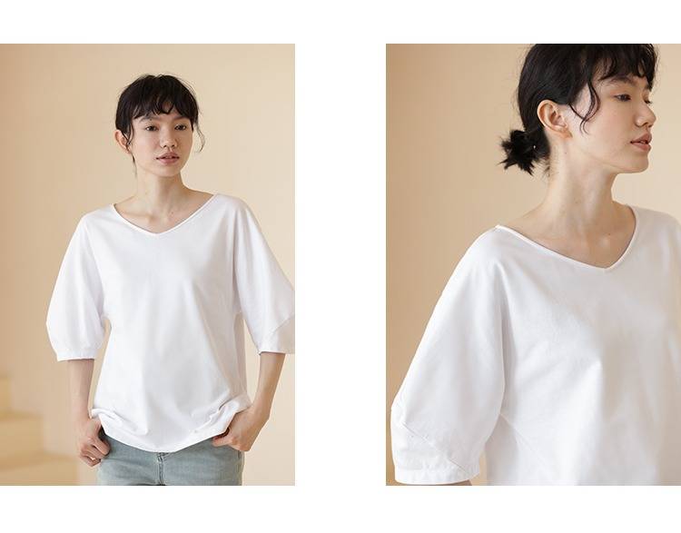 法式慵懶32支雙紗平紋100%棉V領廓形袖寬鬆T恤上衣