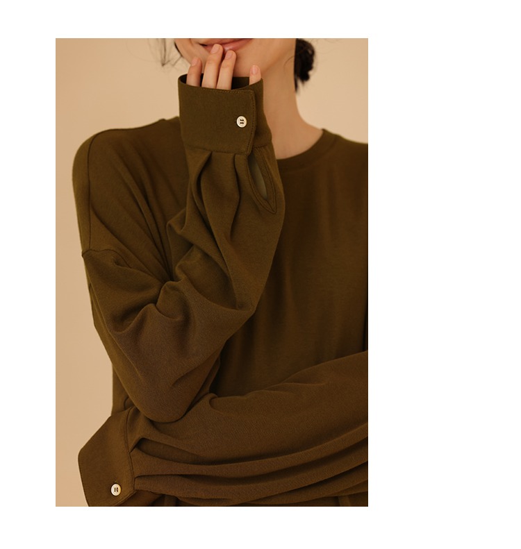 豆蔻橄欖掐出棉花軟糯寬鬆圓領休閒長袖打底上衣