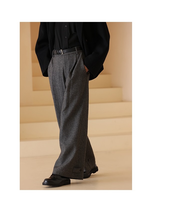 定製級高捻羊毛斜紋肌理寬鬆直筒西裝顯瘦長褲