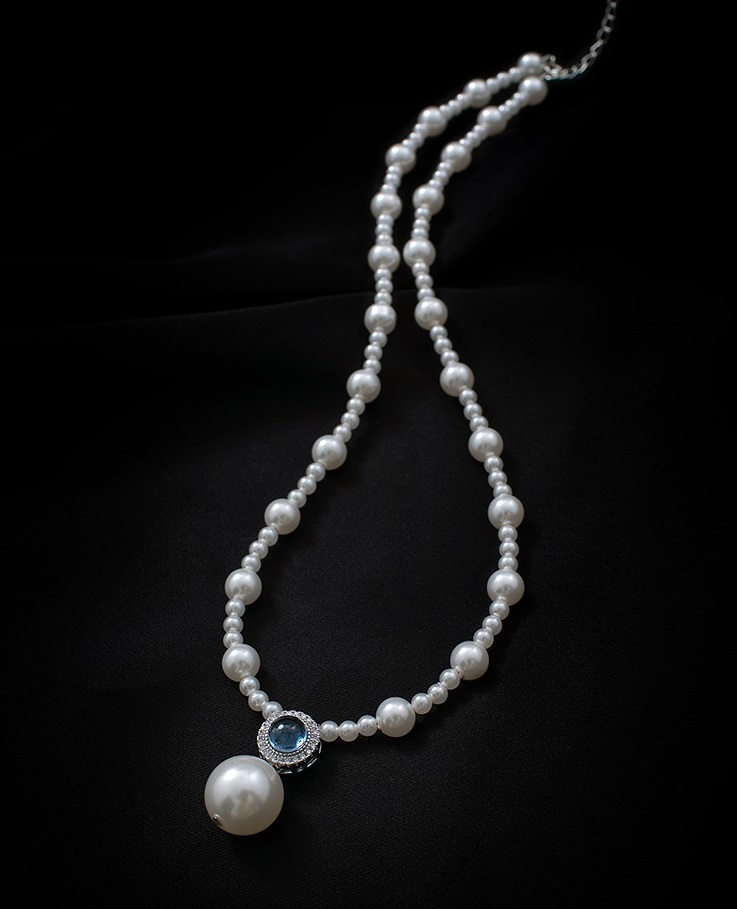 珍珠項鍊女高級氣質海藍寶吊墜設計感s925純銀輕奢百搭鎖骨鏈