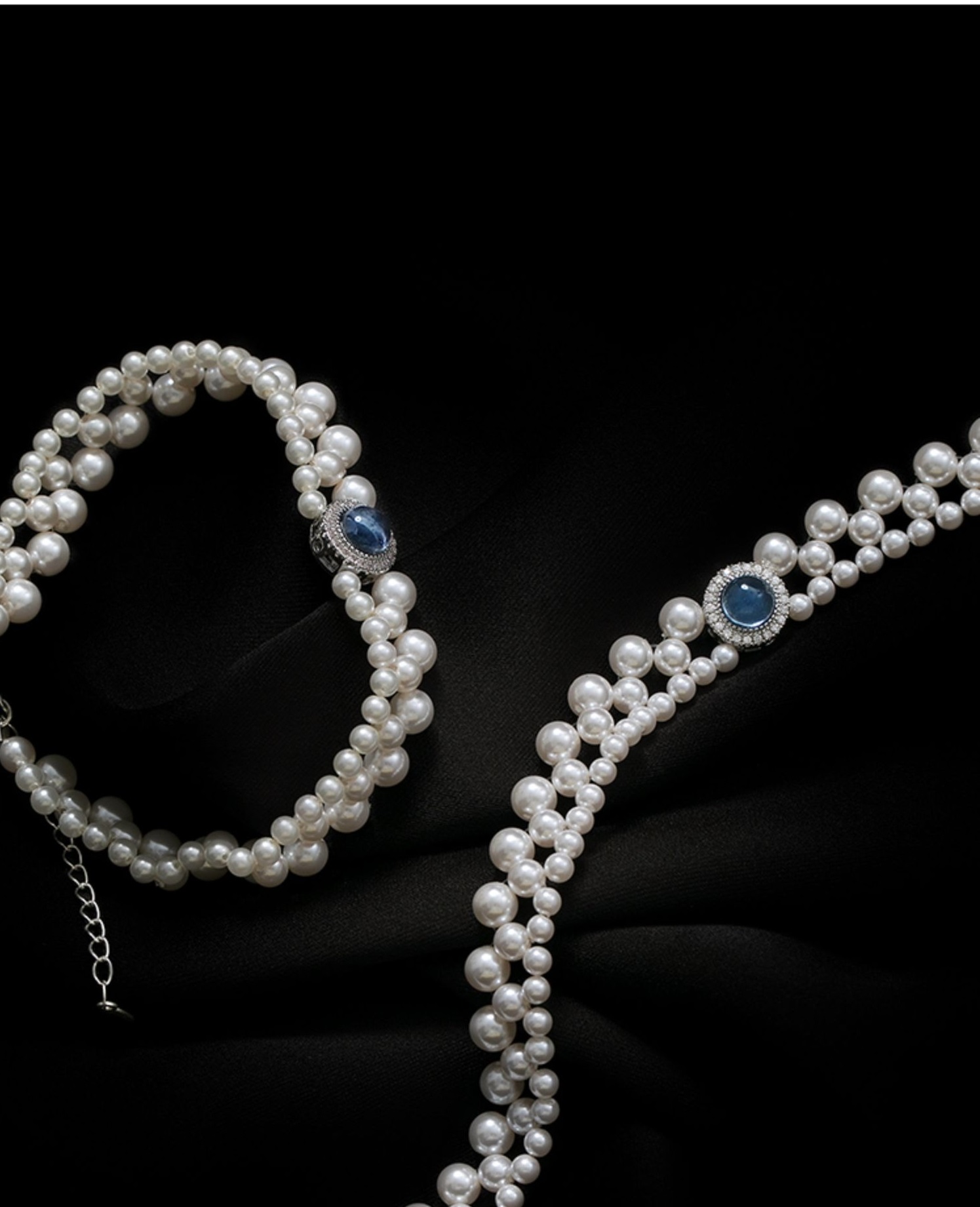珍珠多層編織項鍊女款高檔氣質海藍寶設計s925純銀頸脖鎖骨鏈