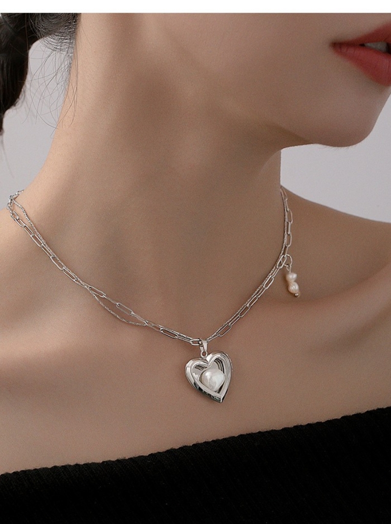歐式愛心珍珠項鍊女小眾雙層設計冷淡風鈦鋼不掉色時尚短版鎖骨鏈