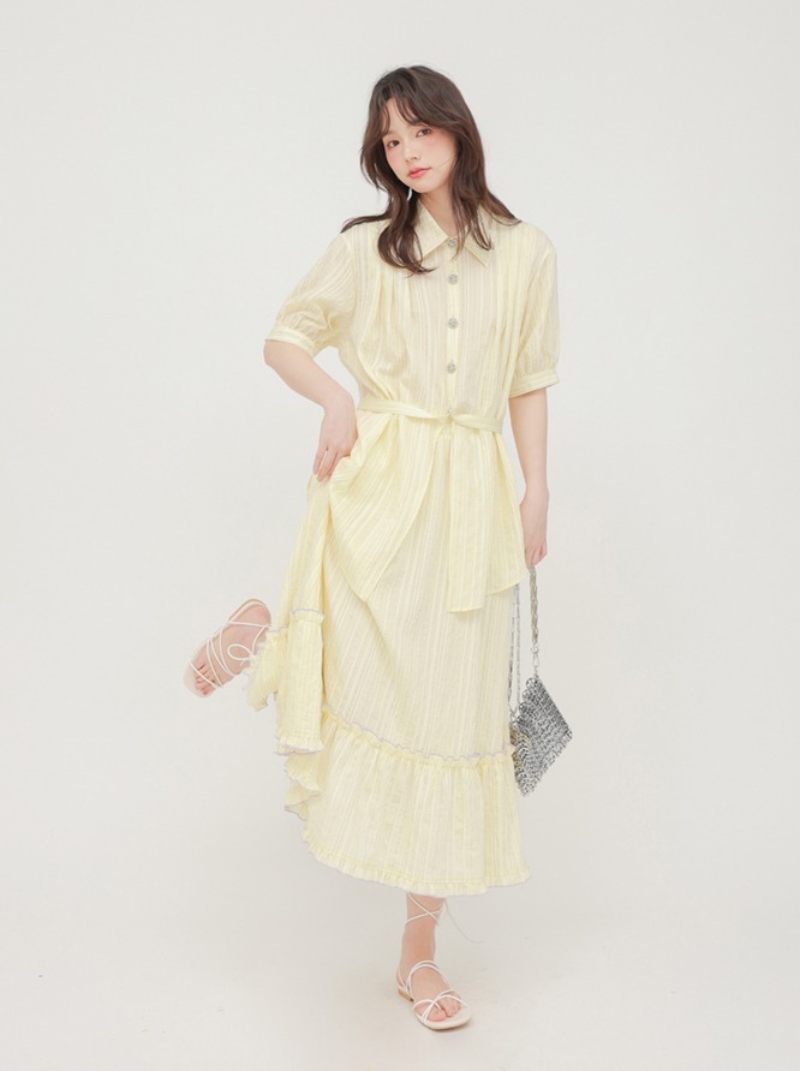 法式別緻黃色短袖襯衫女設計感上衣/中長款蛋糕半身裙夏洋裝