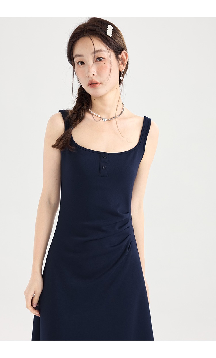 法式藍色吊帶裙新品女外穿背心裙顯瘦腰部抽褶連身裙