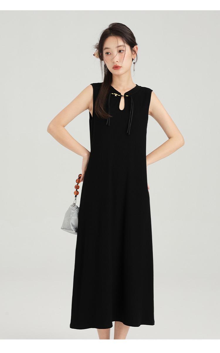 大尺碼新品針織背心裙女中國風盤扣連身裙黑色無袖長裙洋裝