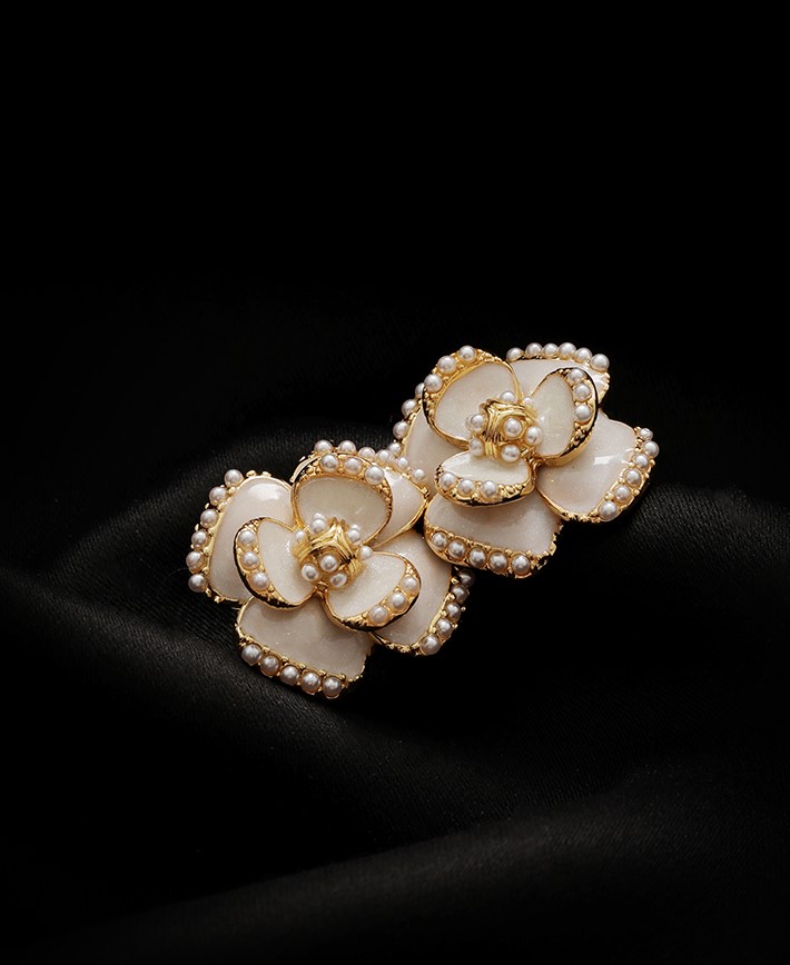 歐美大氣時尚琺瑯花朵輕奢鍍18k金珍珠耳環