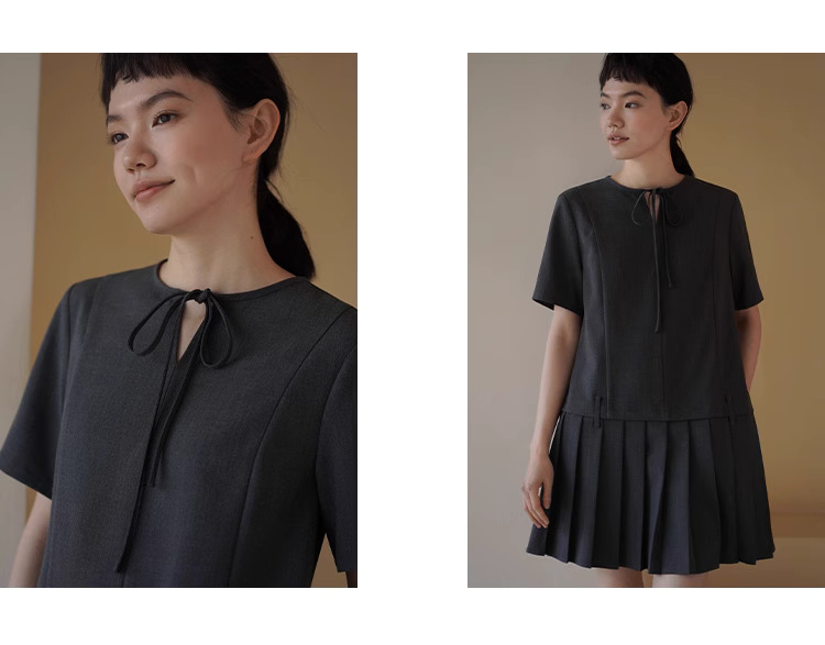 時髦優等生洋裝低腰拼接百褶裙擺寬鬆繫帶領顯瘦裙子,時髦優等生洋裝低腰拼接百褶裙擺寬鬆繫帶領顯瘦裙子,HBES7043,時髦優等生洋裝低腰拼接百褶裙擺寬鬆繫帶領顯瘦裙子,領口繫繩,百褶拼接