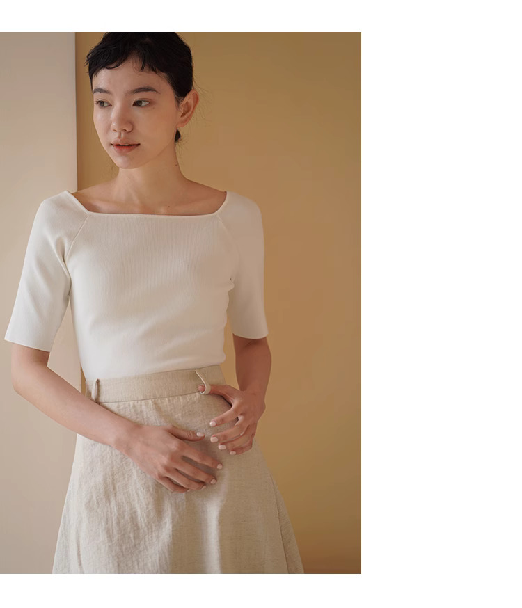 優雅玉蘭柔軟100棉紗線氣質方領顯瘦針織合身彈性上衣女