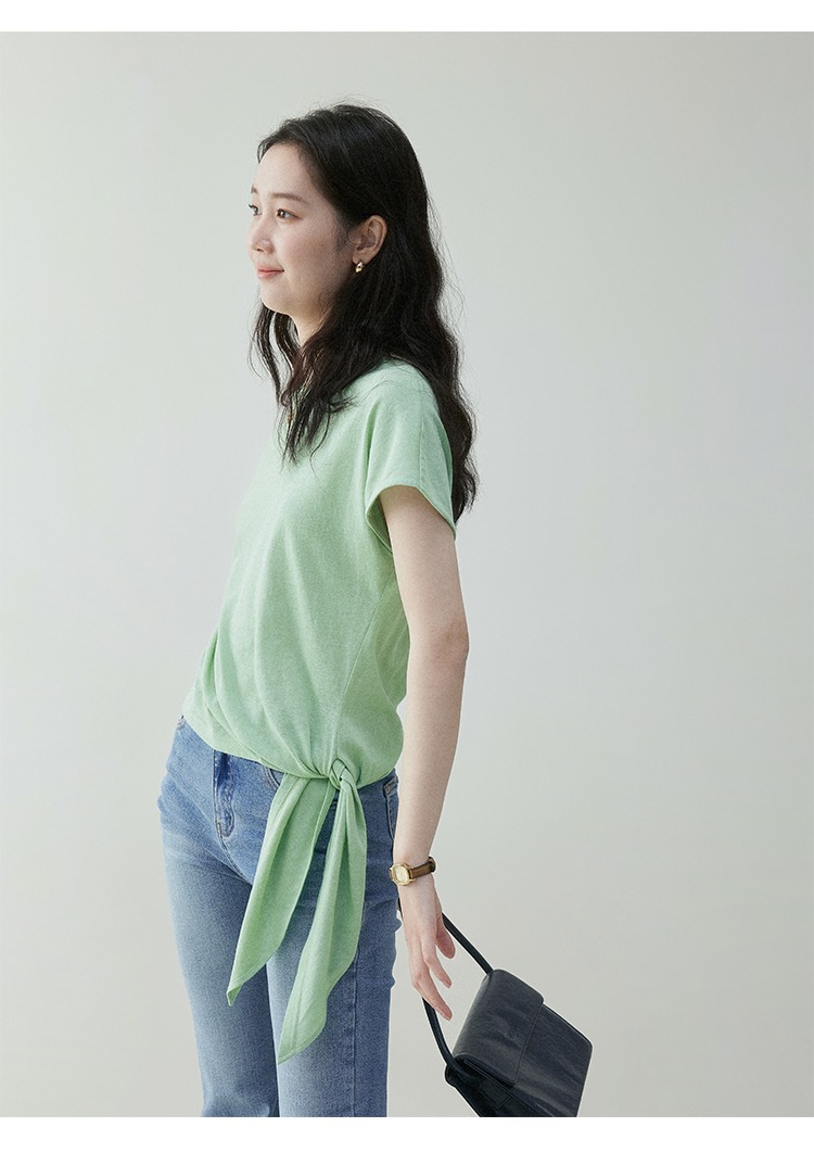 韓國純色不規則側邊繫帶T卹女25夏季圓領寬鬆上衣
