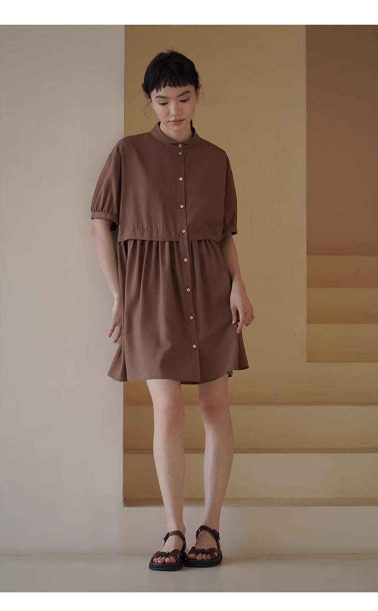 復古烤肉桂洋裝精緻小翻領寬鬆垂順顯瘦A字短裙女