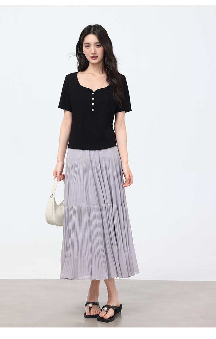 大尺碼高腰紫色半身裙女夏寬鬆雪紡裙氣質百褶裙長款