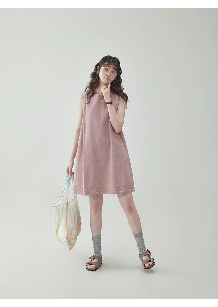 甜美粉紅無袖純棉洋裝女夏新款小個子背心短裙