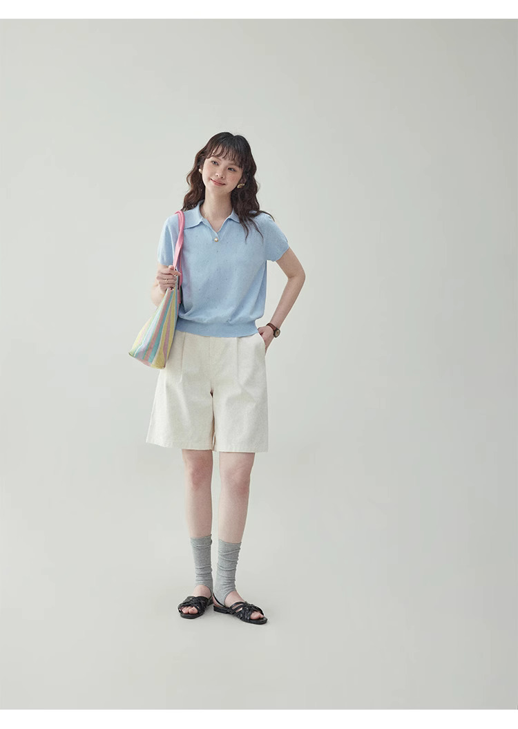 藍色翻v領短針織衫t卹女夏季新款提花短袖上衣