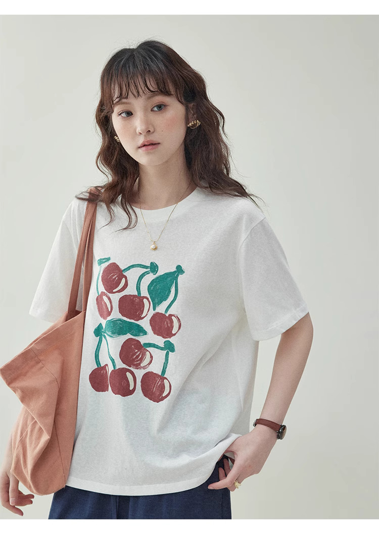 拼色櫻桃印花純棉短袖t卹女夏新款寬鬆百搭上衣