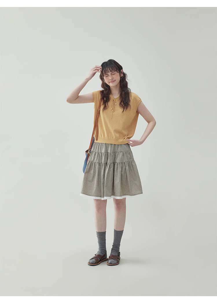 黃色綁帶v領無袖針織衫女夏季新款寬鬆短上衣