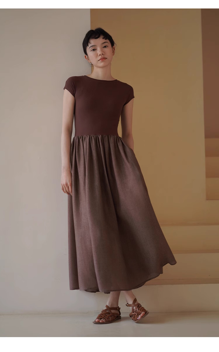 顯白特調赭紅彈性針織拼接大裙擺合身顯瘦梨形洋裝女