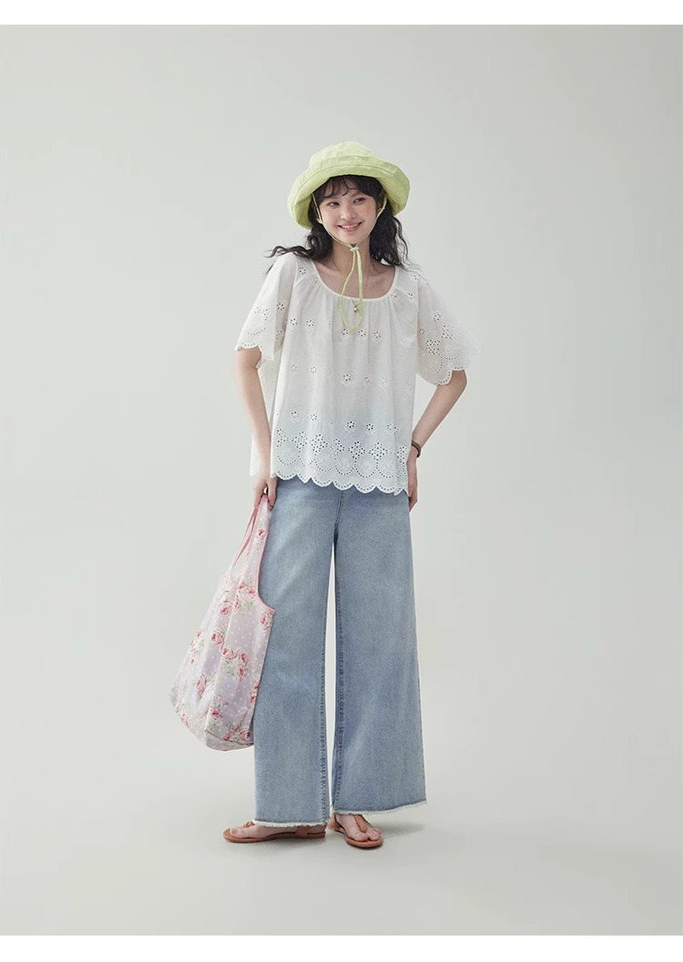 法式鏤空花邊純棉白襯衫女夏季新款寬鬆短袖上衣